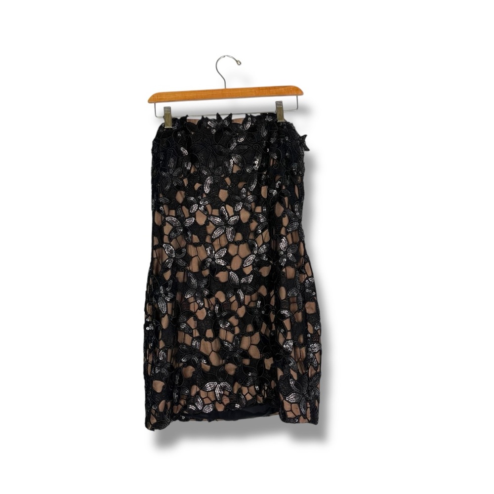 Theia Lace Sequined Floral Strapless Cocktail Dress Black 12 Nude Lining Corset